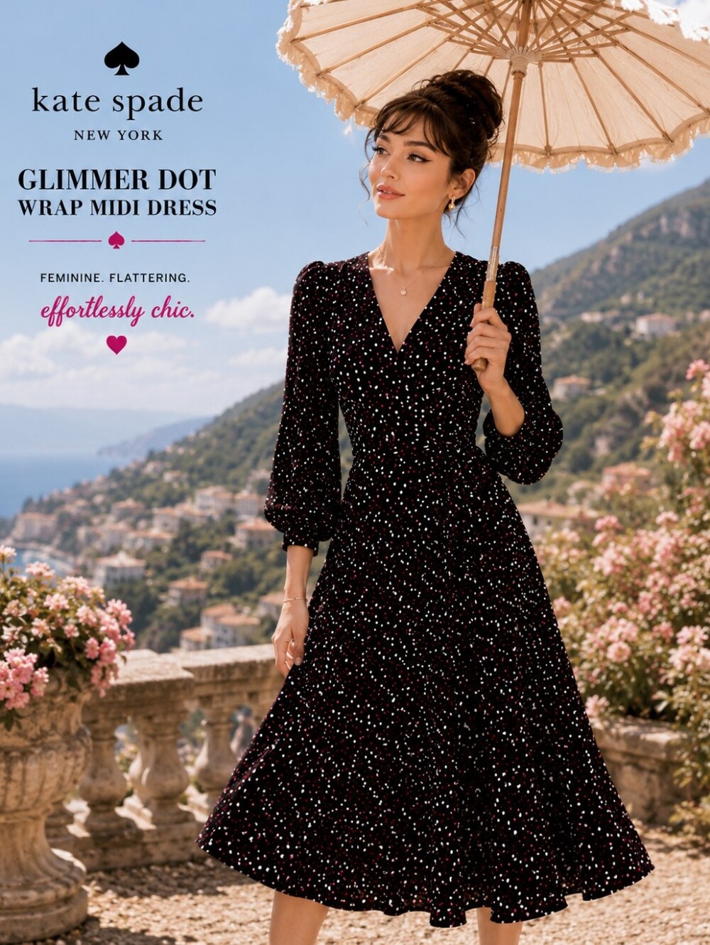 Kate Spade Glimmer Dot Wrap Midi Dress | Black Pink Polka Dot | Large | Like New - Picture 2 of 14